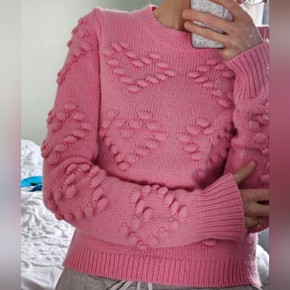 Cotton Candy Pink Pom Pom Hearts Crew Neck Knit Sweater Barbiecore - Picture 1 of 13